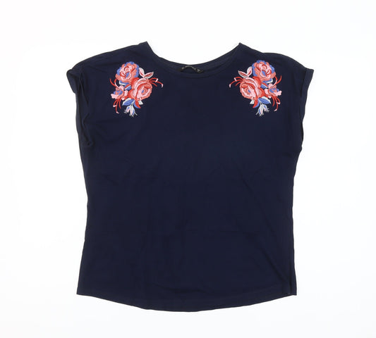 Dunnes Womens Blue Embroidered Floral Cotton T-Shirt M