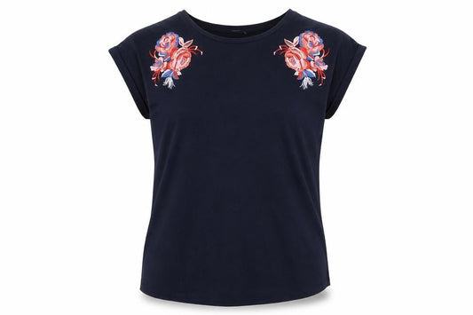 Dunnes Womens Blue Embroidered Floral Cotton T-Shirt M