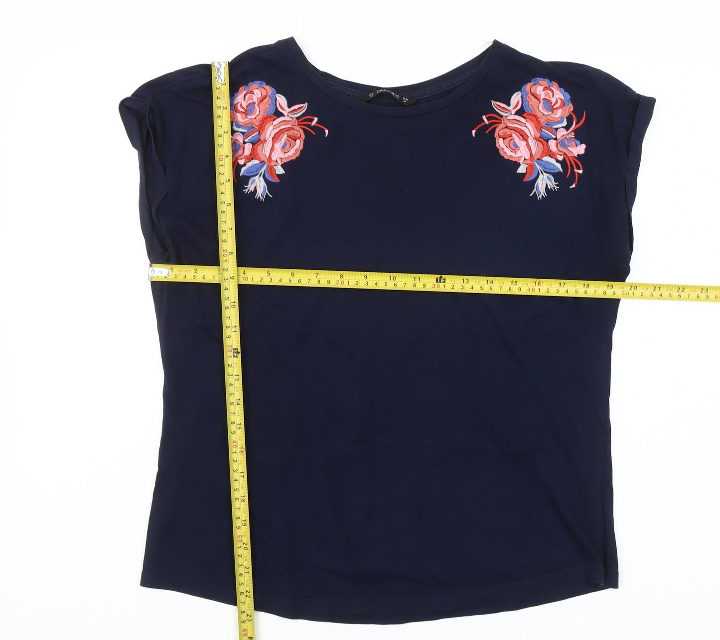 Dunnes Womens Blue Embroidered Floral Cotton T-Shirt M