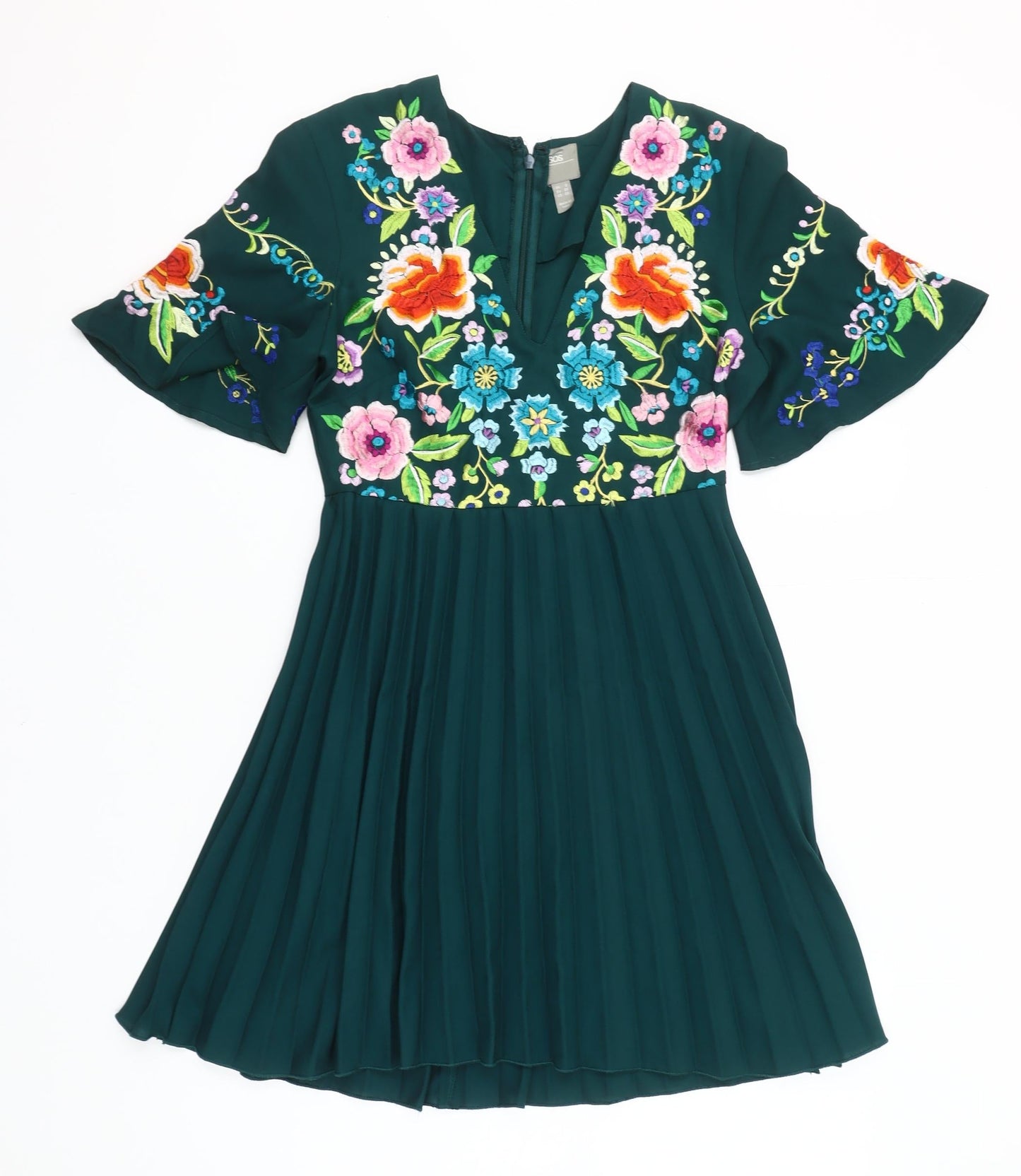ASOS Women’s Green Floral Embroidered A-Line Dress Size 2