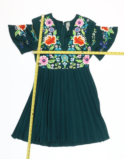 ASOS Women’s Green Floral Embroidered A-Line Dress Size 2