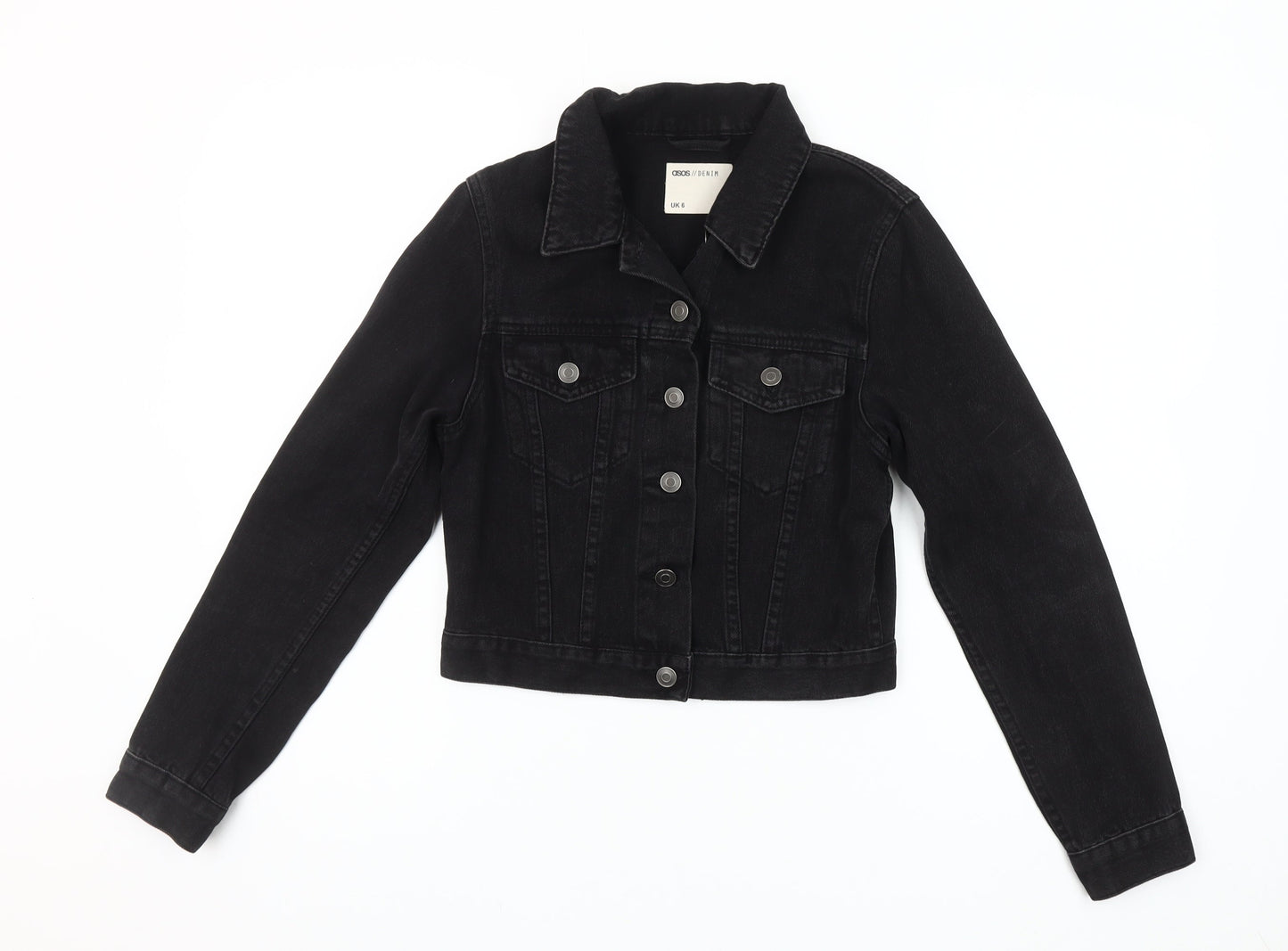 ASOS Women Black Denim Cropped Jacket UK 6 Casual Long Sleeve
