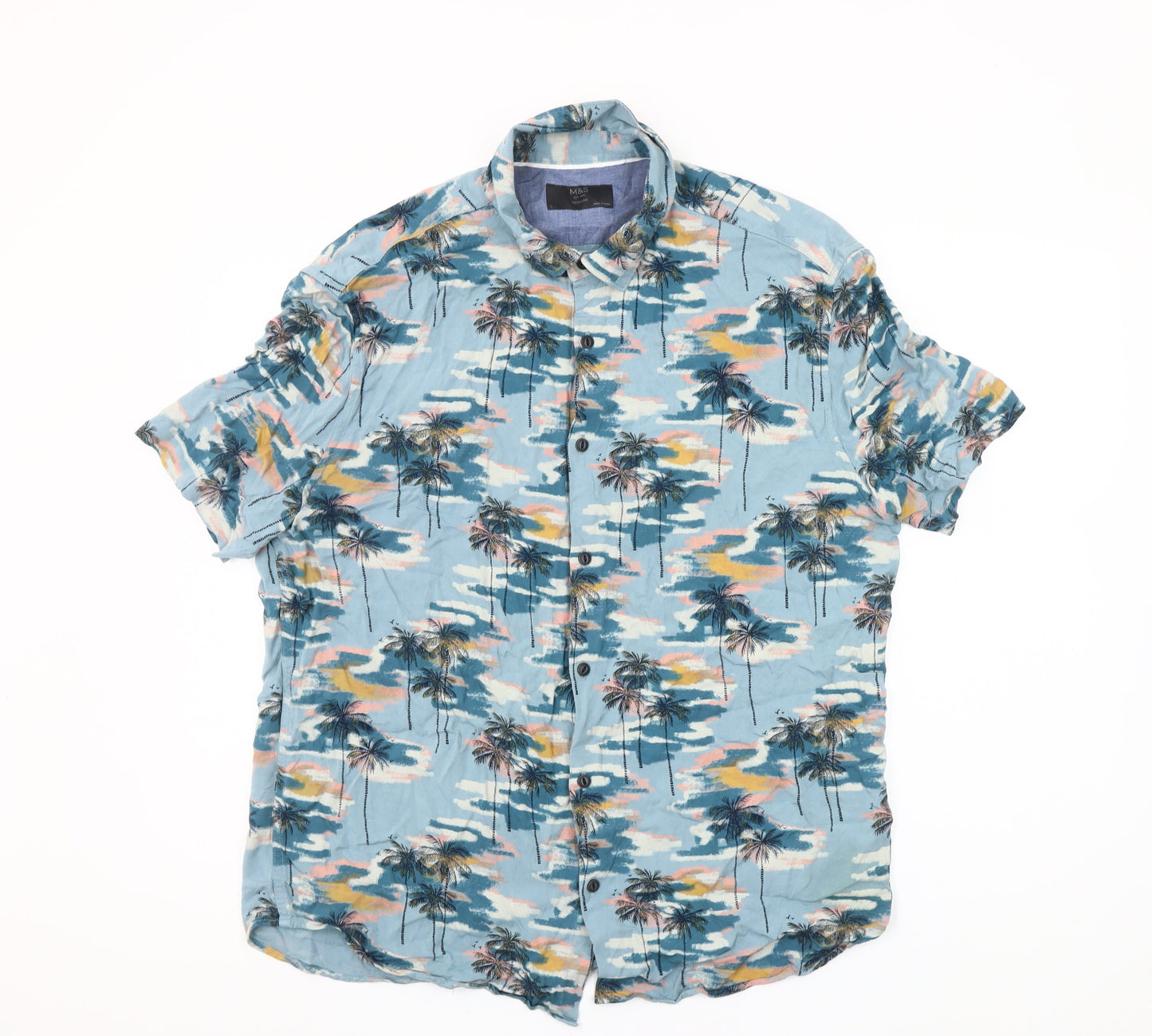 Marks and Spencer Men’s Blue Hawaiian Holiday Shirt L 41-43" Short Sleeve
