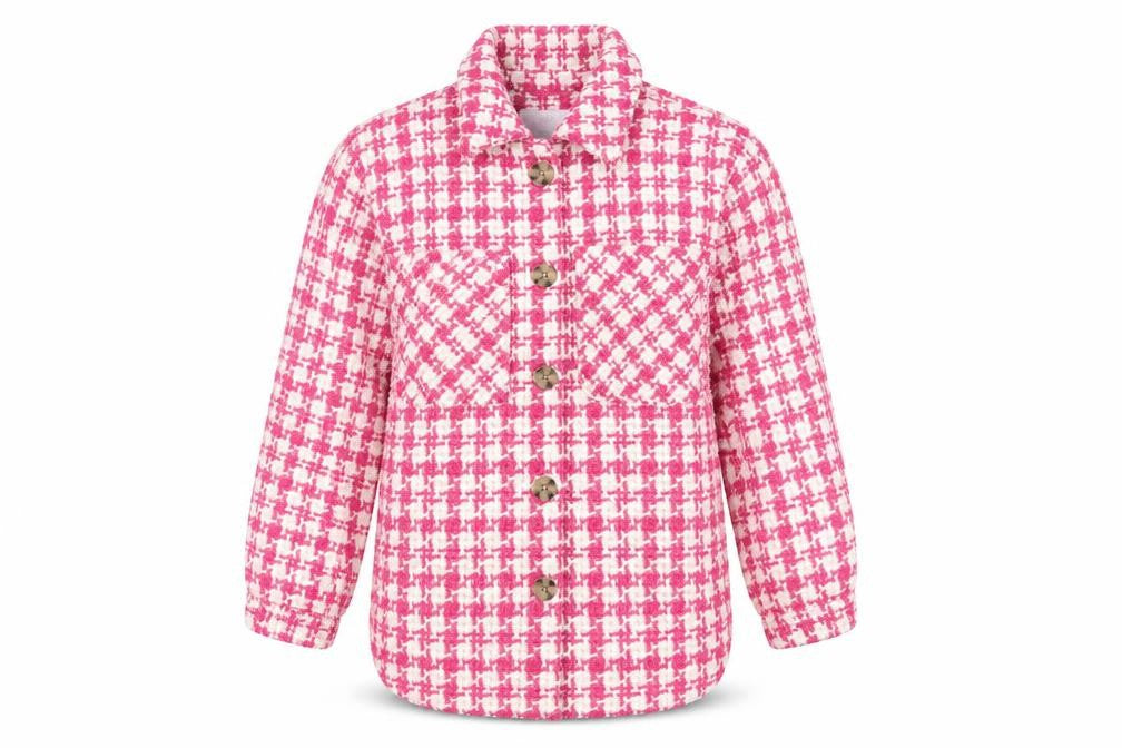 Front view of Matalan girls’ pink houndstooth shirt jacket age 9 regular fit