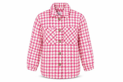Front view of Matalan girls’ pink houndstooth shirt jacket age 9 regular fit
