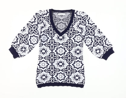 Gallery Women’s Blue XS Geometric V-Neck Knit Pullover Jumper