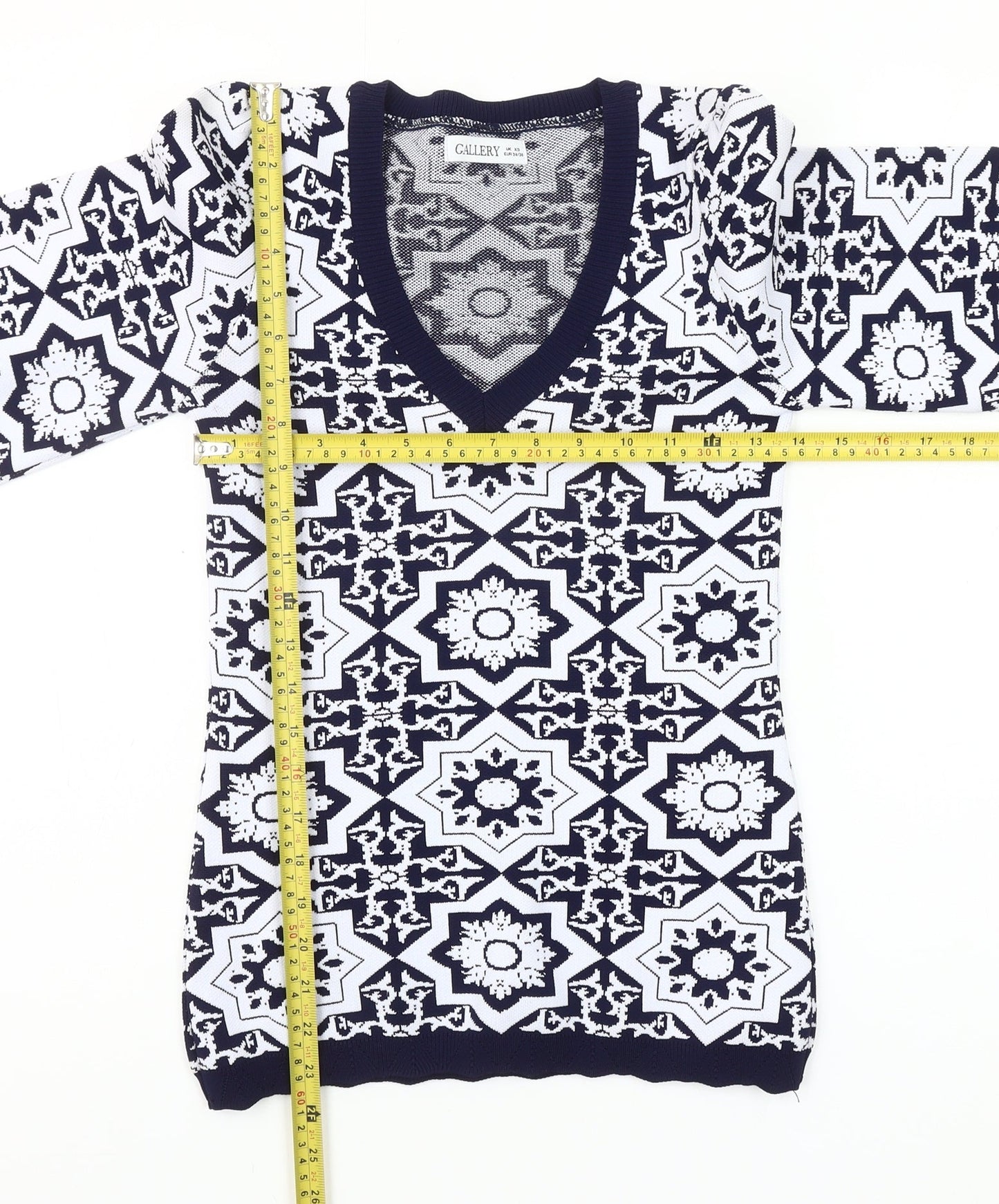 Gallery Women’s Blue XS Geometric V-Neck Knit Pullover Jumper