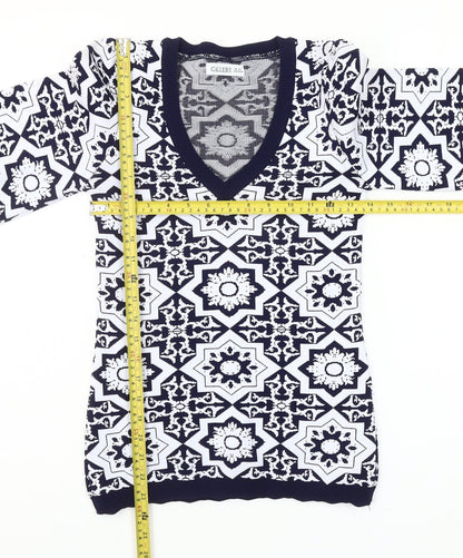 Gallery Women’s Blue XS Geometric V-Neck Knit Pullover Jumper