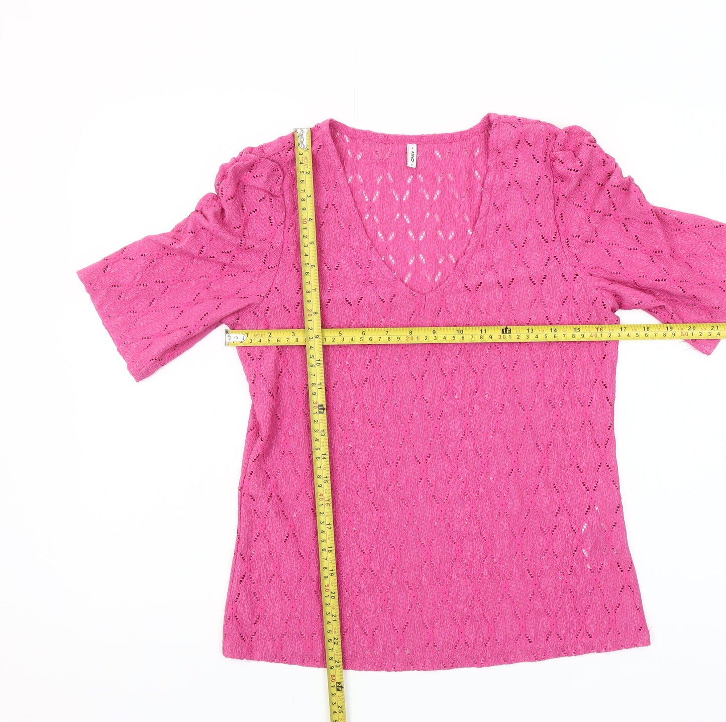 ONLY Womens Pink Size 8 V-Neck Puff Sleeve Blouse Top