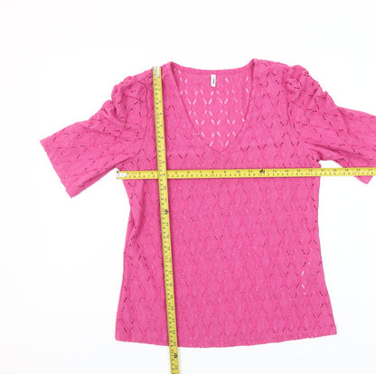 ONLY Womens Pink Size 8 V-Neck Puff Sleeve Blouse Top