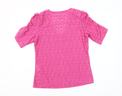 ONLY Womens Pink Size 8 V-Neck Puff Sleeve Blouse Top