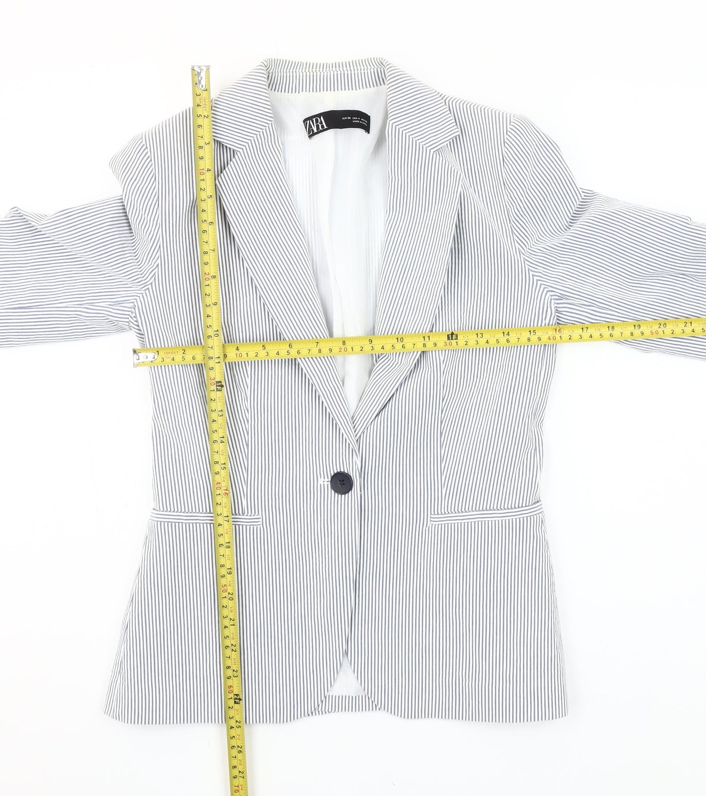 Zara Women Blue Striped Blazer Size 8 Slim Fit One Button