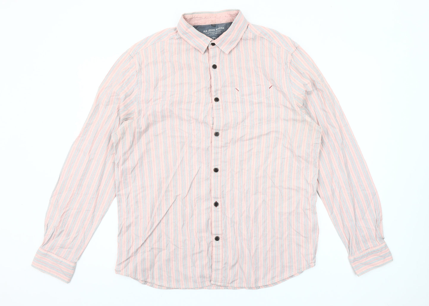 John Rocha Men’s Pink Striped Cotton Button-Up Shirt L Casual