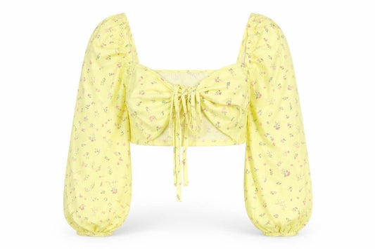 PrettyLittleThing Womens Yellow Floral Cropped Blouse Size 12
