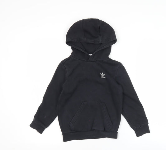 Adidas Boys Black Pullover Hoodie 6-7 Years Cotton Blend Logo Jumper