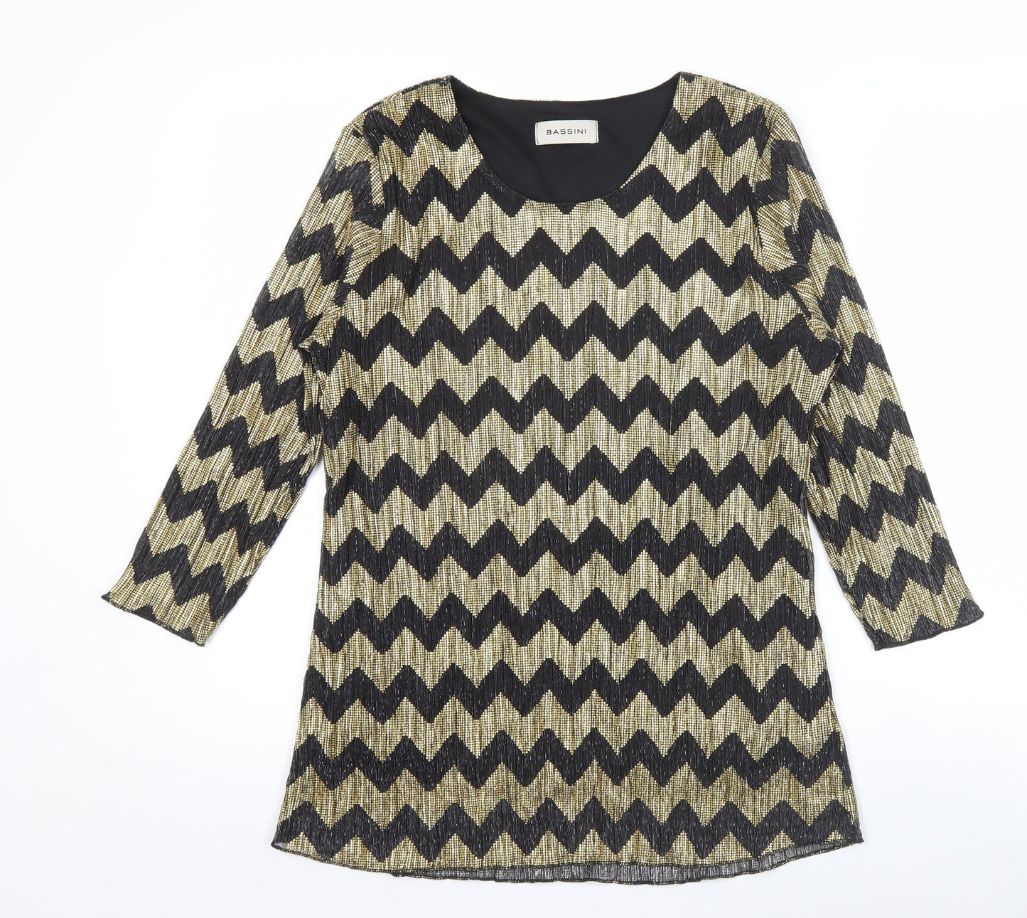 Bassini Womens Black Gold Tunic Blouse Size 16 Scoop Neck Party Top