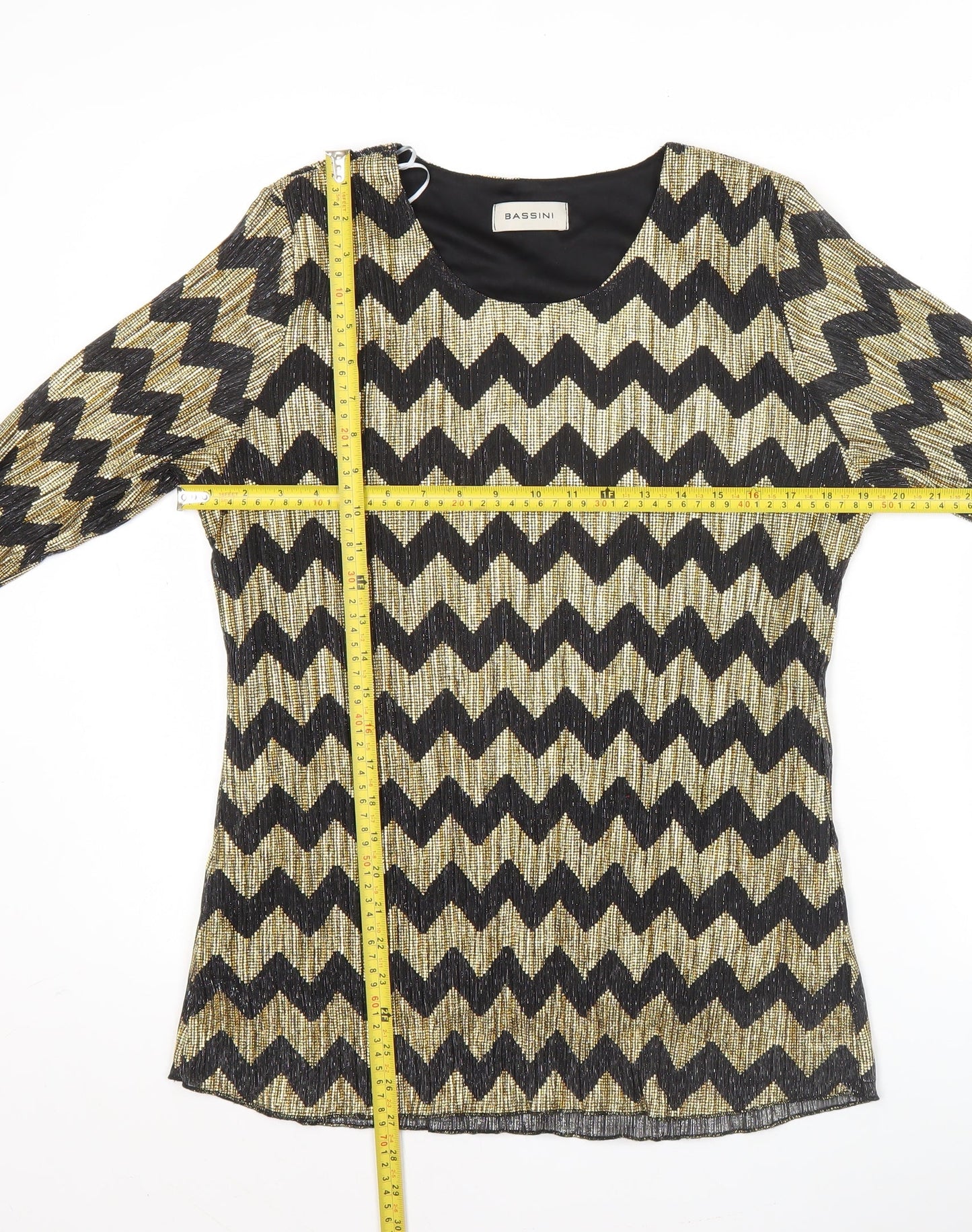 Bassini Womens Black Gold Tunic Blouse Size 16 Scoop Neck Party Top