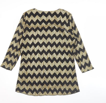 Bassini Womens Black Gold Tunic Blouse Size 16 Scoop Neck Party Top