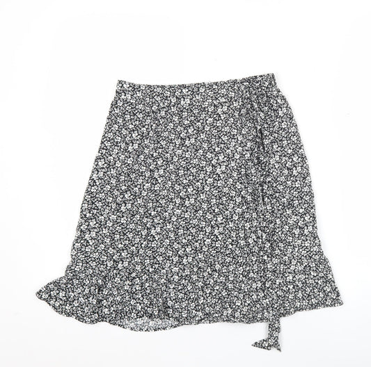 New Look Women's Black Floral Wrap Knee Length Skirt Size 8