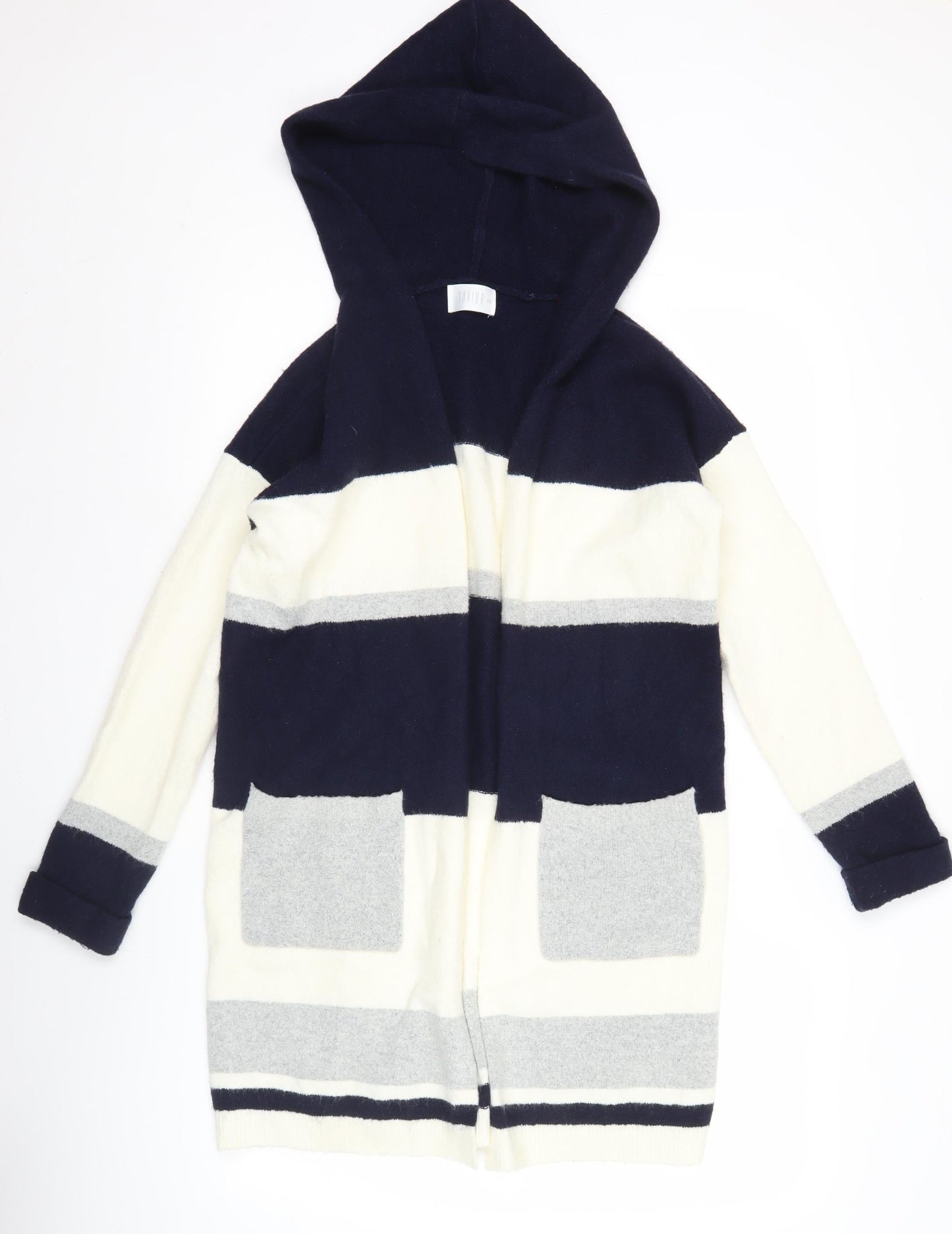 Savida Womens XS Blue Grey White Hooded Striped Open Front Cardigan Jumper
