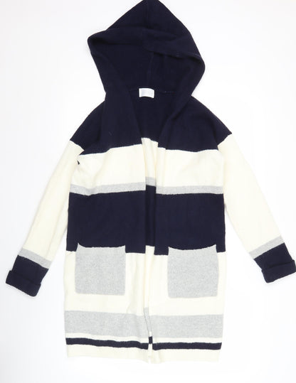 Savida Womens XS Blue Grey White Hooded Striped Open Front Cardigan Jumper