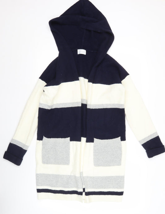 Savida Womens XS Blue Grey White Hooded Striped Open Front Cardigan Jumper