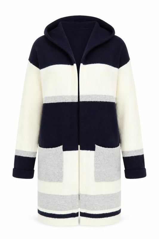 Savida Womens XS Blue Grey White Hooded Striped Open Front Cardigan Jumper