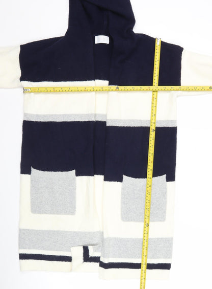 Savida Womens XS Blue Grey White Hooded Striped Open Front Cardigan Jumper