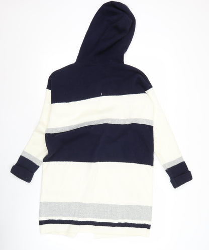Savida Womens XS Blue Grey White Hooded Striped Open Front Cardigan Jumper