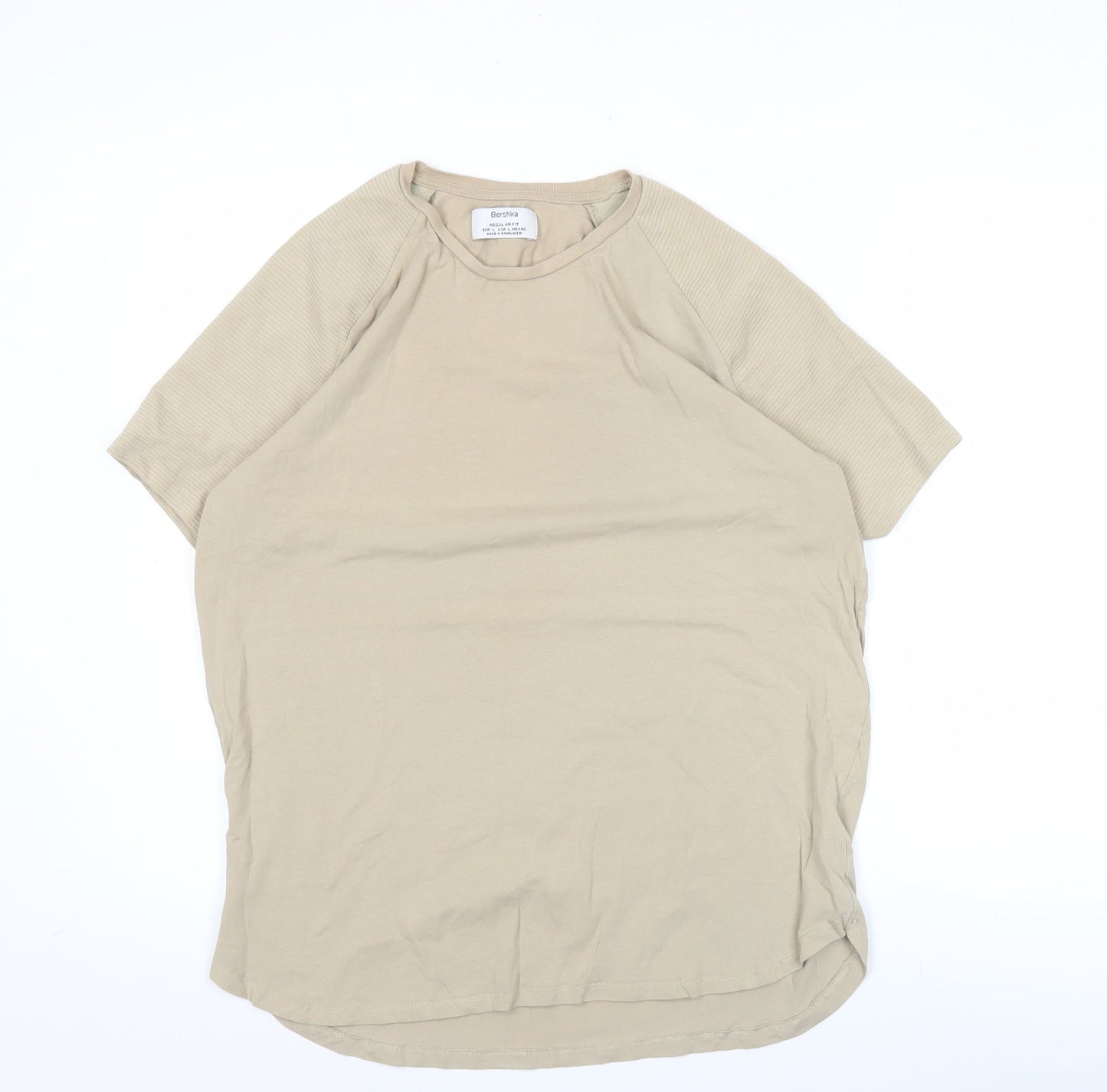 Bershka Men’s Beige Regular Fit Short Sleeve Cotton T-Shirt L