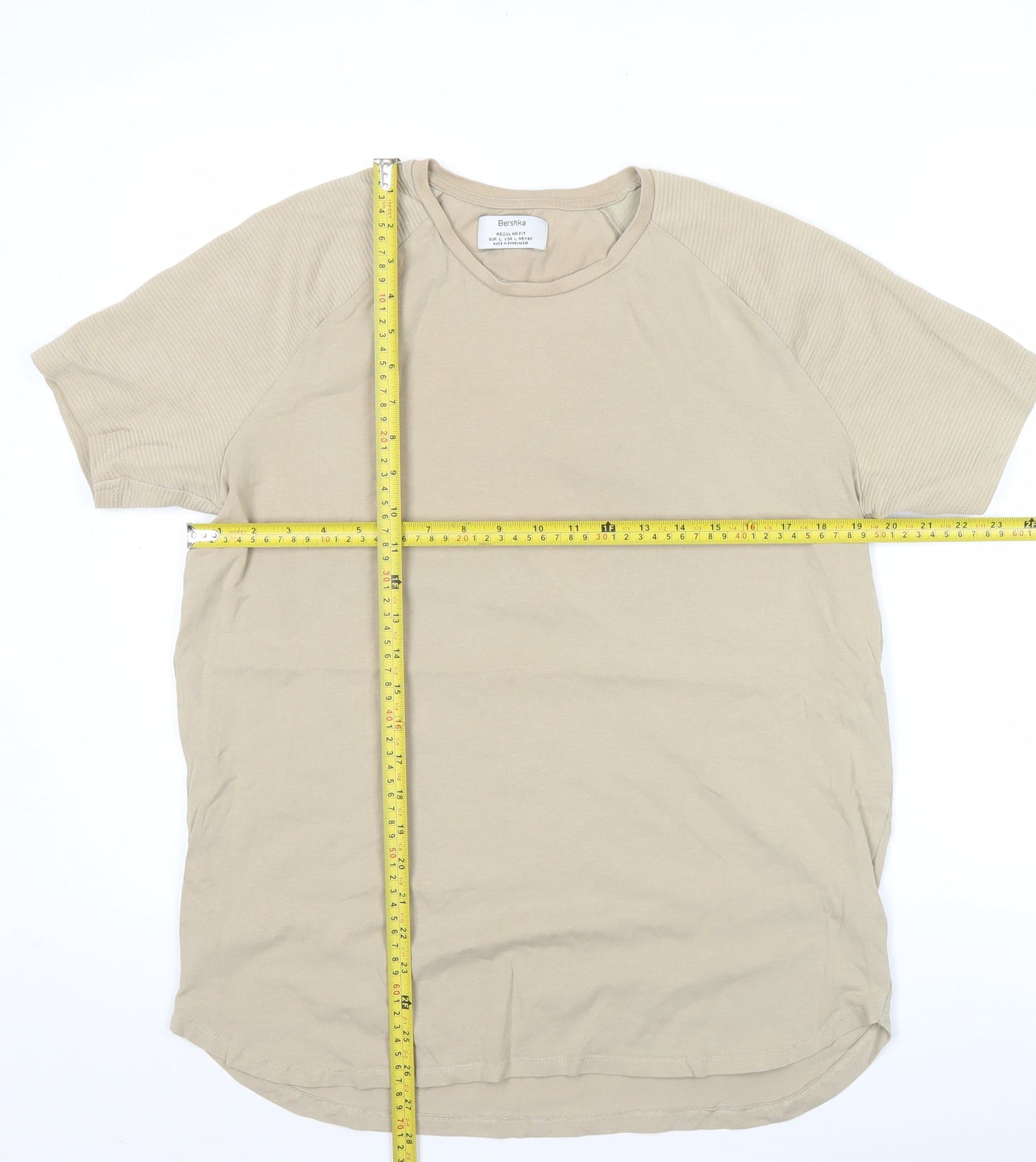 Bershka Men’s Beige Regular Fit Short Sleeve Cotton T-Shirt L