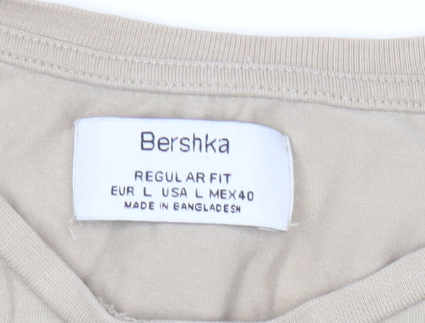 Bershka Men’s Beige Regular Fit Short Sleeve Cotton T-Shirt L