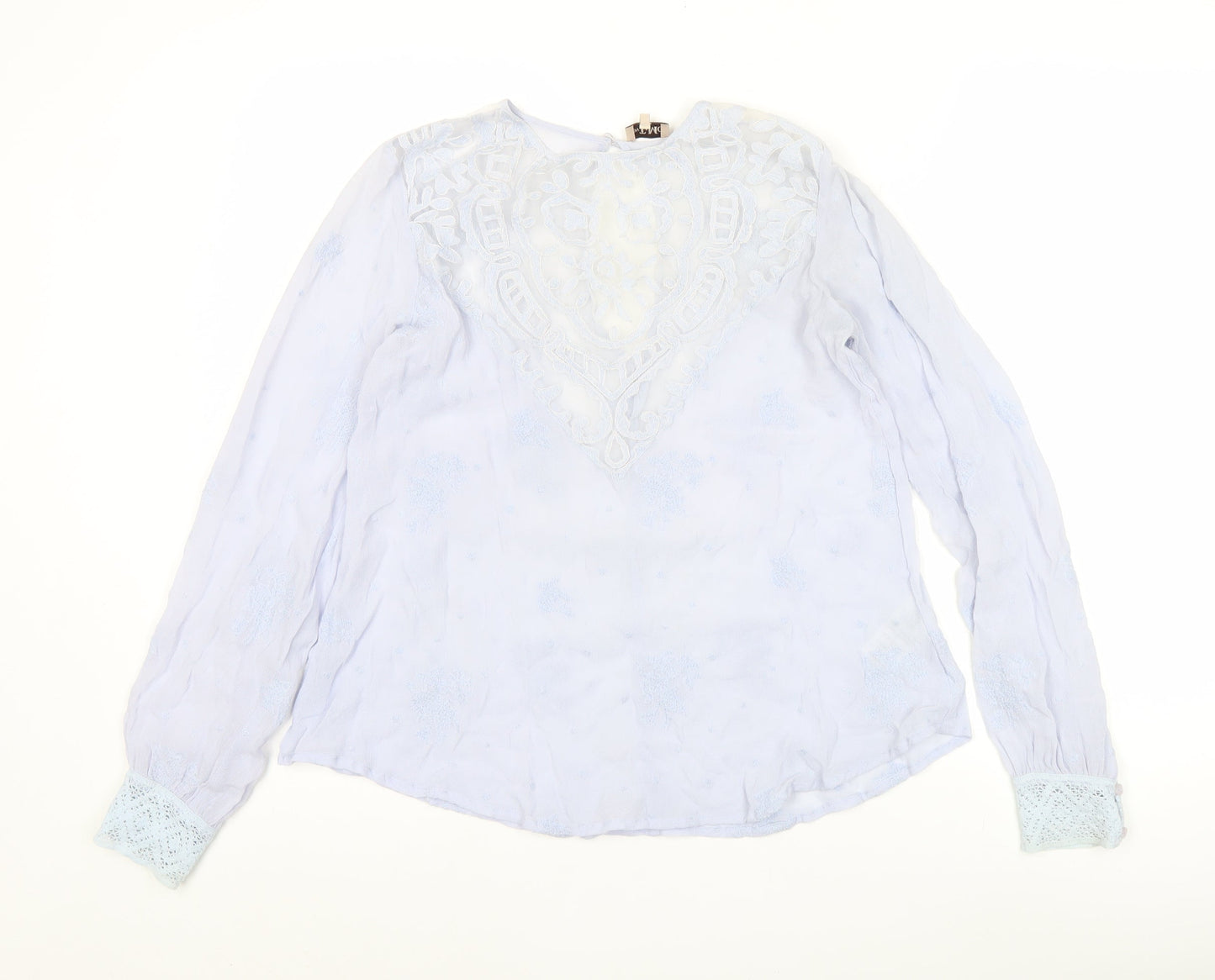byTiMo Womens Blue Embroidered Tunic Blouse Lace Long Sleeve Size S