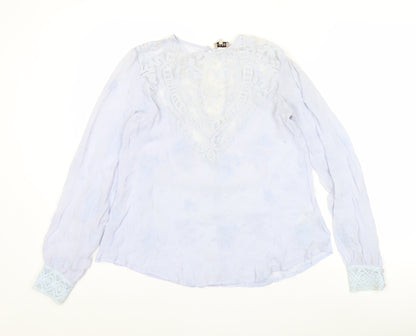byTiMo Womens Blue Embroidered Tunic Blouse Lace Long Sleeve Size S