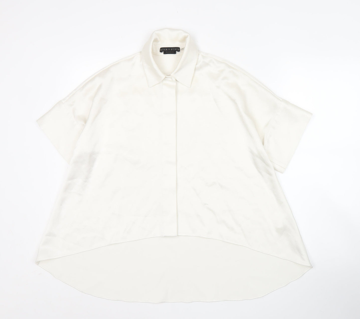 Alice + Olivia Women White XS Collared Button-Up Tunic Shirt Satin