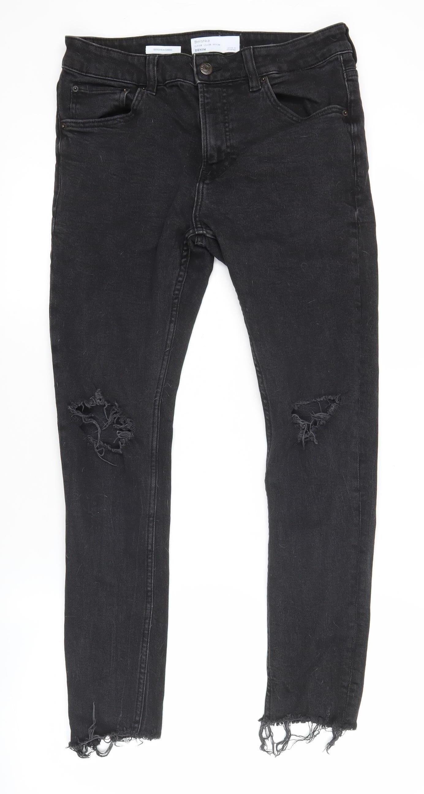 Bershka Womens Black Skinny Distressed Jeans Size 10 Slim Fit Denim