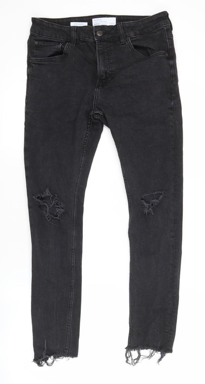 Bershka Womens Black Skinny Distressed Jeans Size 10 Slim Fit Denim