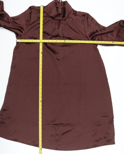 H&M Women Brown Satin Shift Dress Size 8 Long Sleeve High Neck