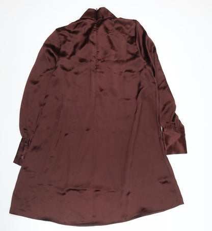 H&M Women Brown Satin Shift Dress Size 8 Long Sleeve High Neck