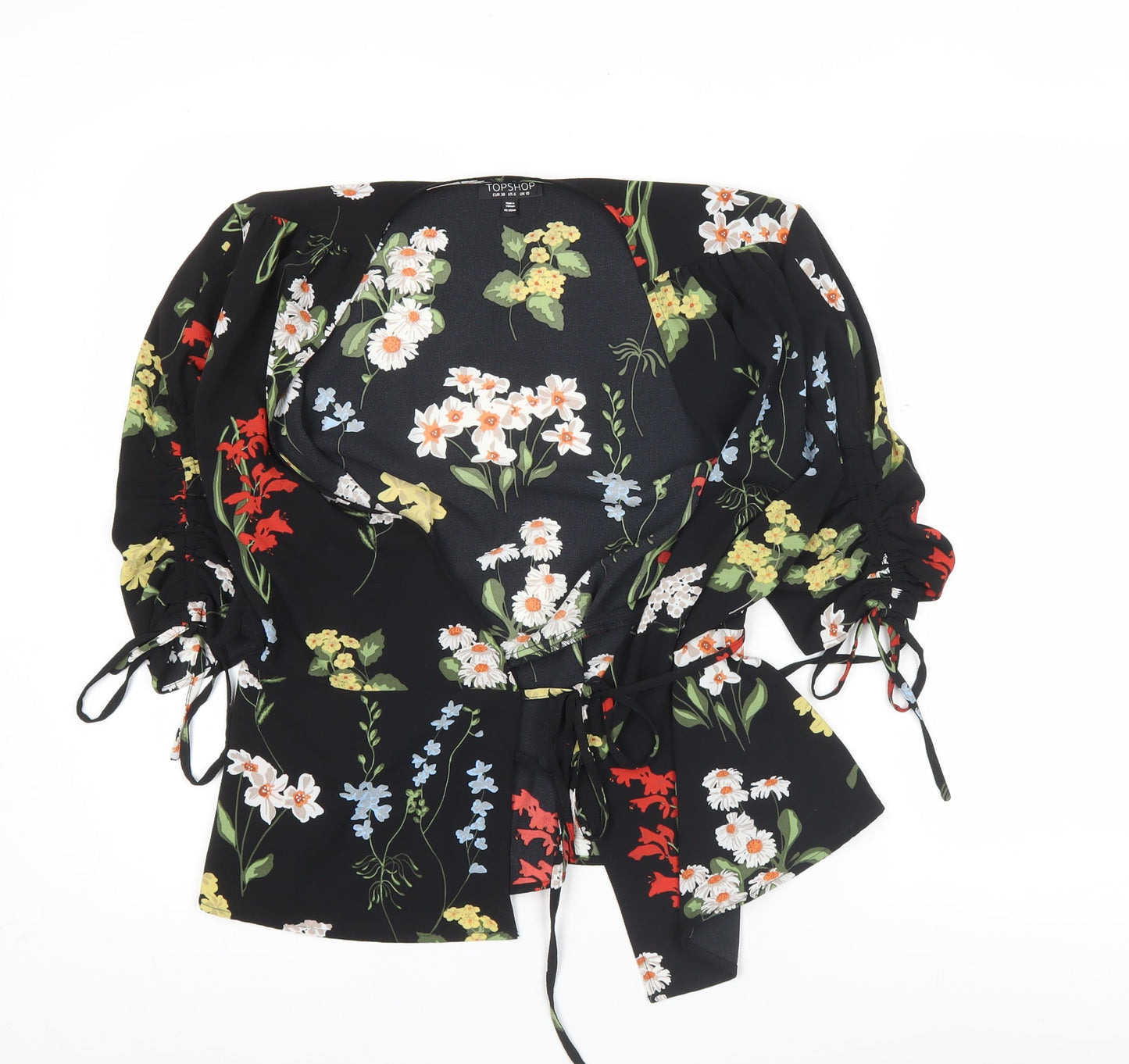 Topshop Womens Black Floral Wrap Blouse Size 10 V-Neck 3/4 Sleeve