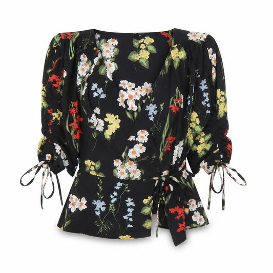Topshop Womens Black Floral Wrap Blouse Size 10 V-Neck 3/4 Sleeve