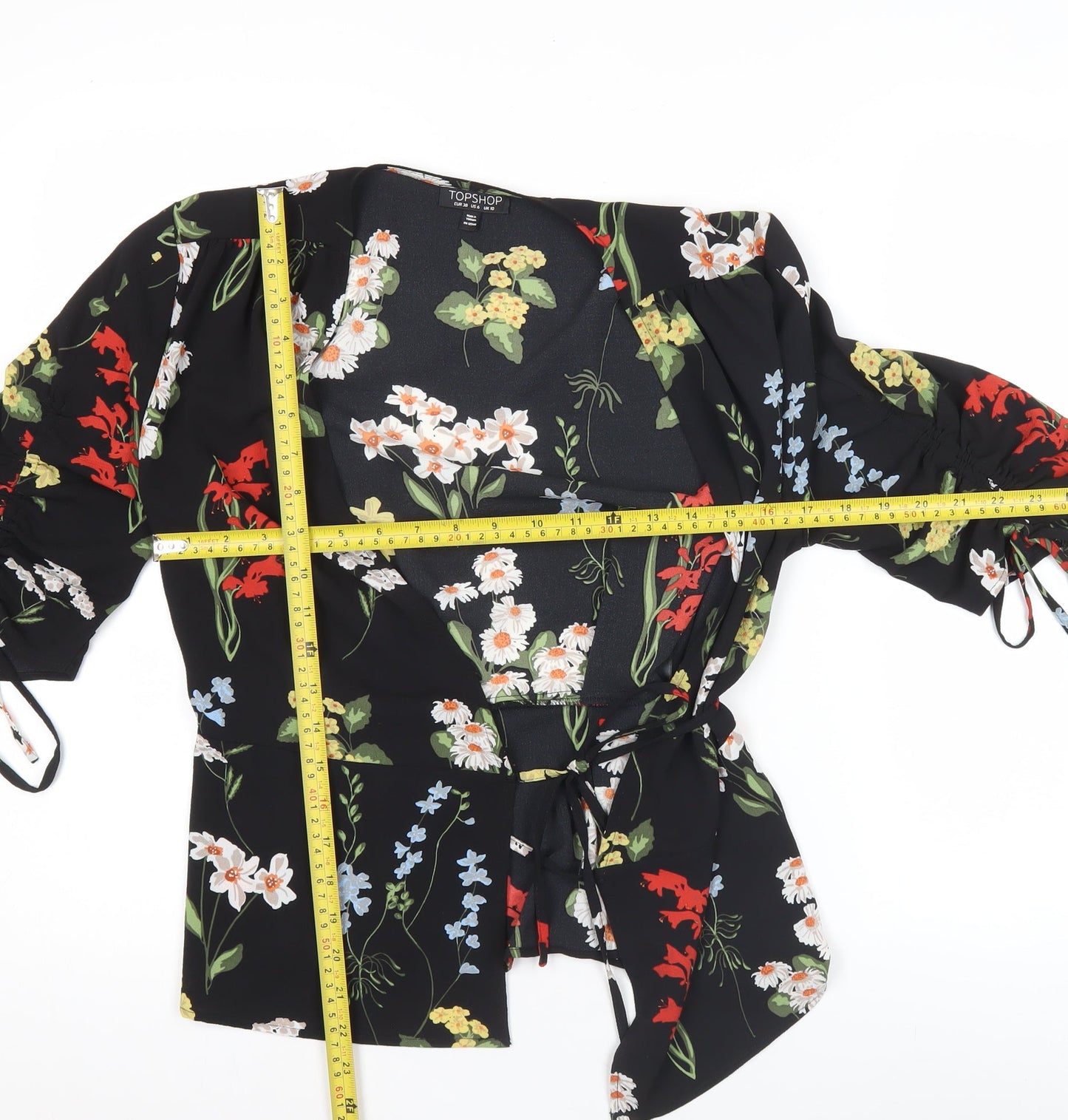 Topshop Womens Black Floral Wrap Blouse Size 10 V-Neck 3/4 Sleeve