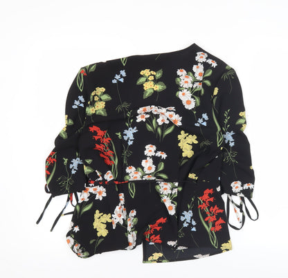 Topshop Womens Black Floral Wrap Blouse Size 10 V-Neck 3/4 Sleeve