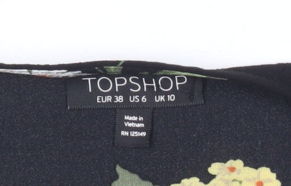 Topshop Womens Black Floral Wrap Blouse Size 10 V-Neck 3/4 Sleeve