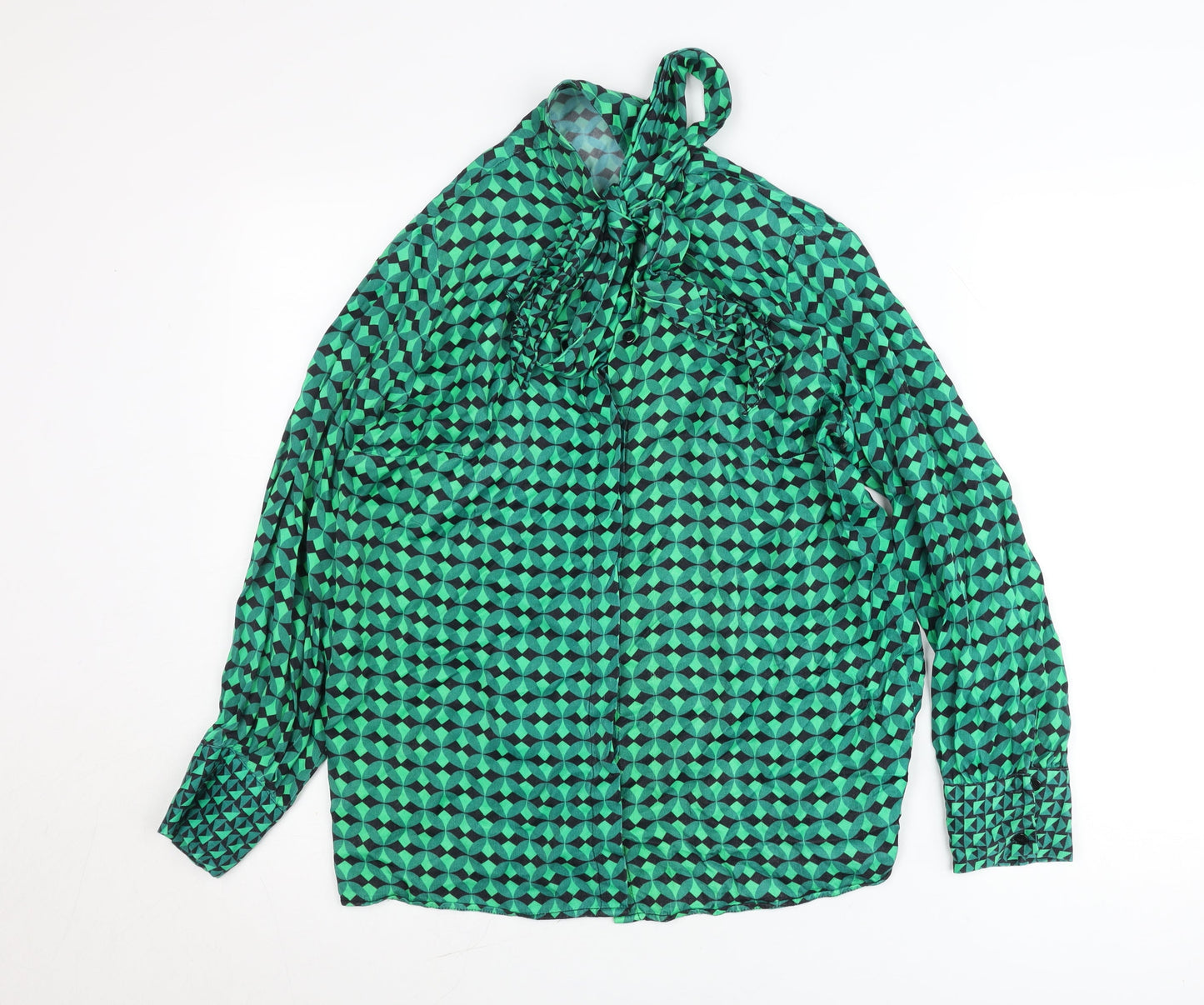 Dunnes Womens Green Geometric Bow Neck Long Sleeve Blouse M