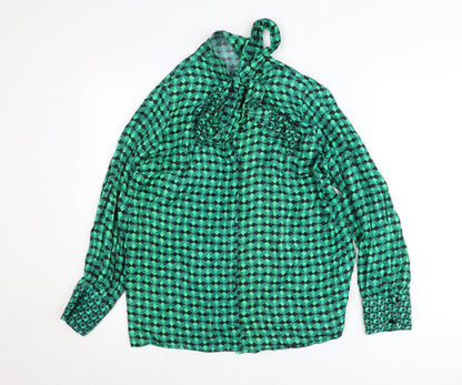 Dunnes Womens Green Geometric Bow Neck Long Sleeve Blouse M