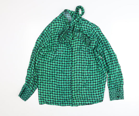 Dunnes Womens Green Geometric Bow Neck Long Sleeve Blouse M