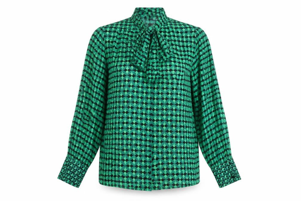 Front view of Dunnes women’s green geometric bow neck long sleeve blouse m