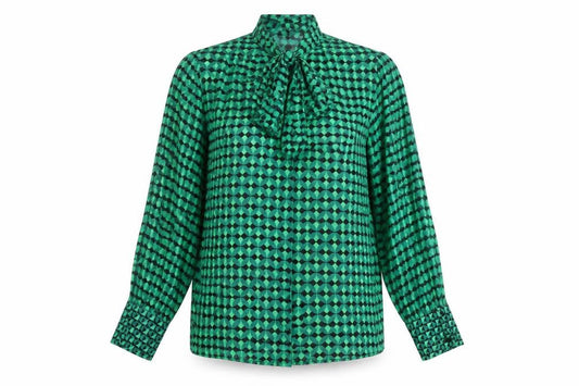 Dunnes Womens Green Geometric Bow Neck Long Sleeve Blouse M
