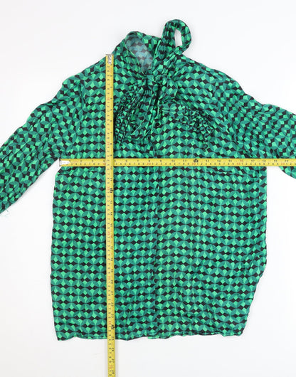 Dunnes Womens Green Geometric Bow Neck Long Sleeve Blouse M
